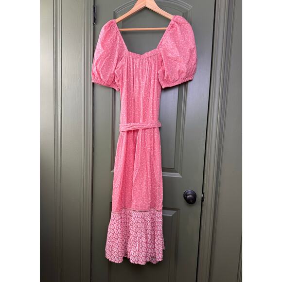 NWT Ro's Garden Helsinki Maxi Puff Sleeve Cotton Dress Tie Waist Pink Garcon XS - Picture 3 of 7